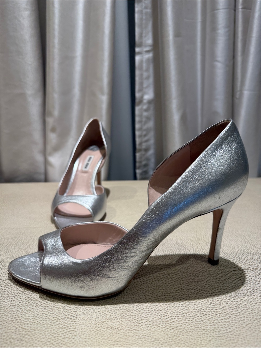 Miu Miu Metallic Silver Open-Toe Stiletto Pumps